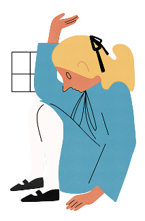 Ilustración de Alicia sentada en una habitación demasiado pequeña.